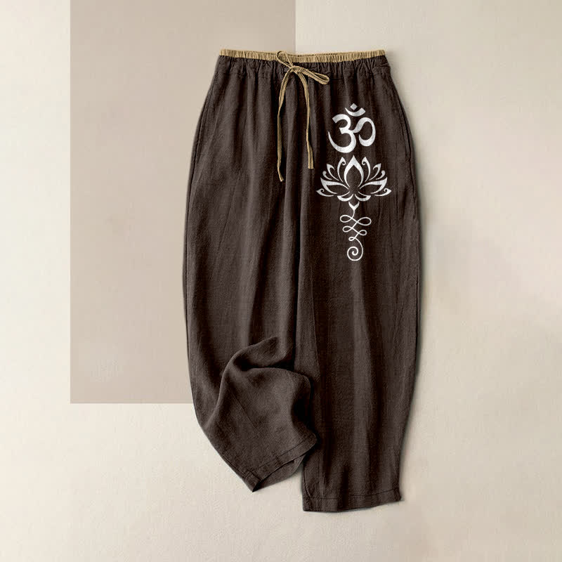 Buddha Stones Pure Cotton Zen Lotus Om Pattern Women's Elastic Waist Pants With Pockets - SaddleBrown - US16，UK/AU20，EU48 (3XL) - image 0