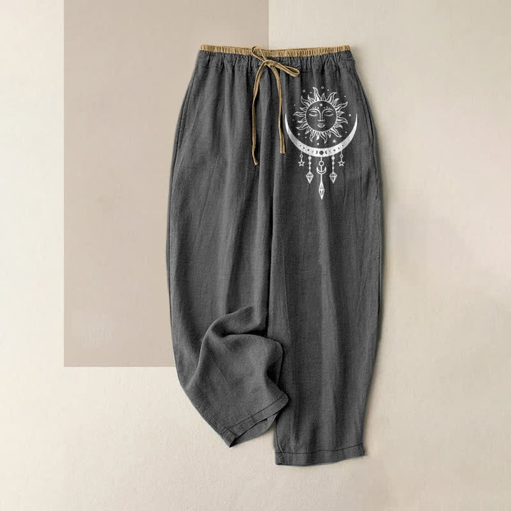 Buddha Stones Pure Cotton Celestial Sun Moon Pattern Women's Elastic Waist Pants With Pockets - DimGray - US16，UK/AU20，EU48 (3XL) - image 0