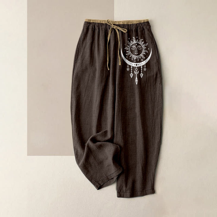 Buddha Stones Pure Cotton Celestial Sun Moon Pattern Women's Elastic Waist Pants With Pockets - SaddleBrown - US16，UK/AU20，EU48 (3XL) - image 4