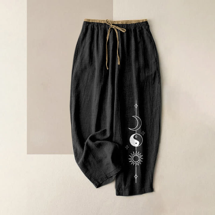 Buddha Stones Pure Cotton Celestial Yin Yang Pattern Women's Elastic Waist Pants With Pockets - Black - US16，UK/AU20，EU48 (3XL) - image 0