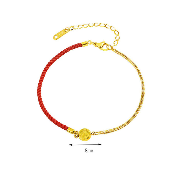 Buddha Stones Titanium Steel Fu Character Red String Blessing Braided Anklet - image 3