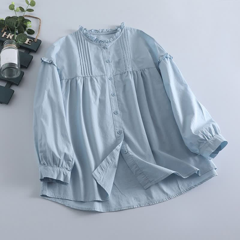 Buddha Stones Spring Casual Vintage Button-Up Solid Pleated Women's Long Sleeve Shirts - LightBlue - US8-10, UK/AU12-14, EU40-42 (2XL) - image 0