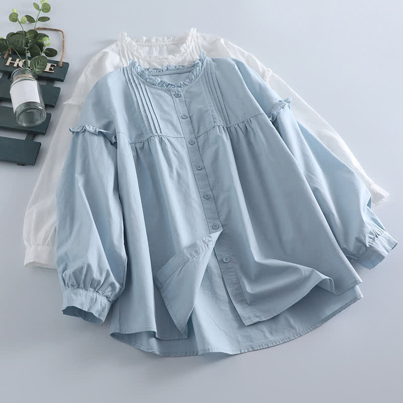 Buddha Stones Spring Casual Vintage Button-Up Solid Pleated Women's Long Sleeve Shirts - image 9