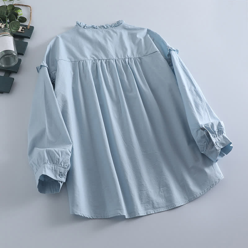 Buddha Stones Spring Casual Vintage Button-Up Solid Pleated Women's Long Sleeve Shirts - image 1