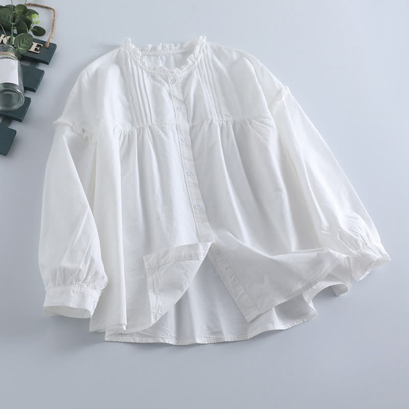 Buddha Stones Spring Casual Vintage Button-Up Solid Pleated Women's Long Sleeve Shirts - White - US8-10, UK/AU12-14, EU40-42 (2XL) - image 8