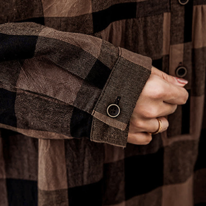 Buddha Stones Commute Patchwork Color Plaid Long Sleeve Midi Dress - image 13