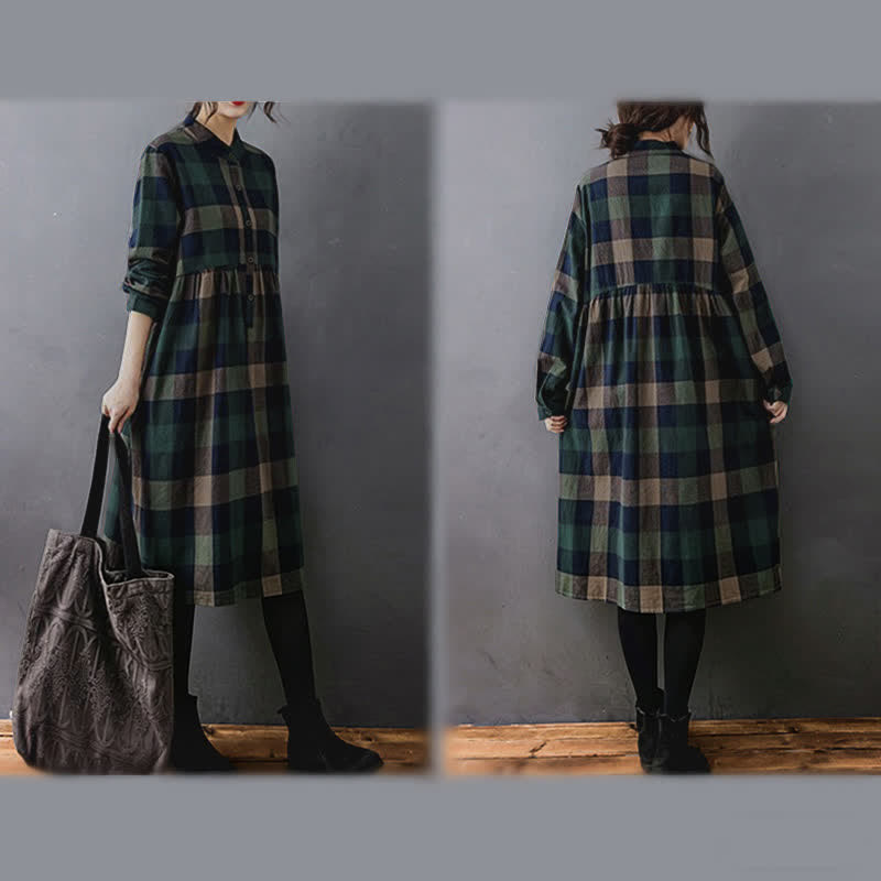 Buddha Stones Commute Patchwork Color Plaid Long Sleeve Midi Dress - image 4