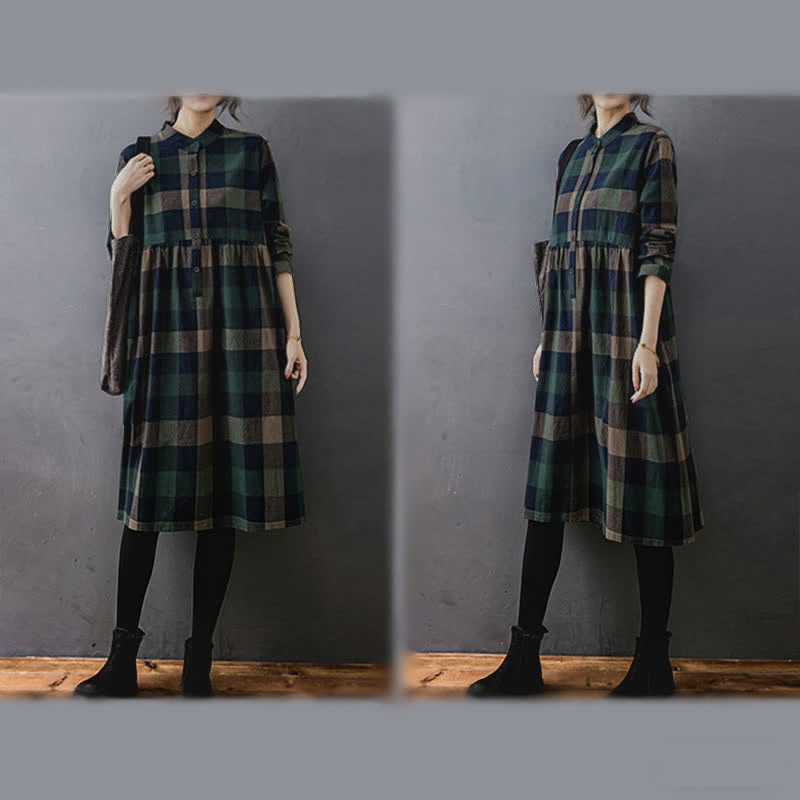 Buddha Stones Commute Patchwork Color Plaid Long Sleeve Midi Dress - image 5