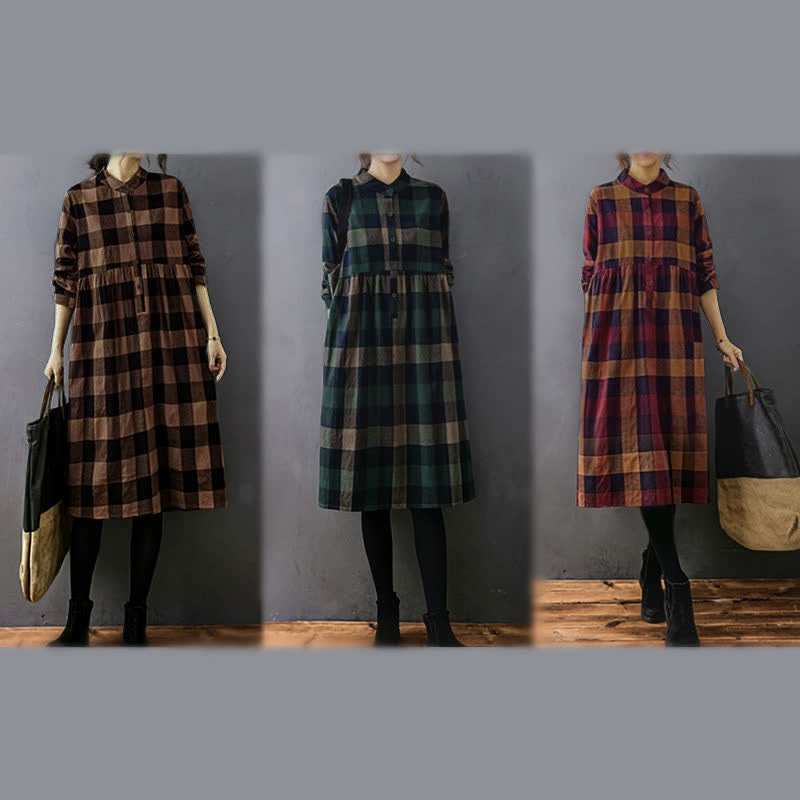 Buddha Stones Commute Patchwork Color Plaid Long Sleeve Midi Dress - image 21