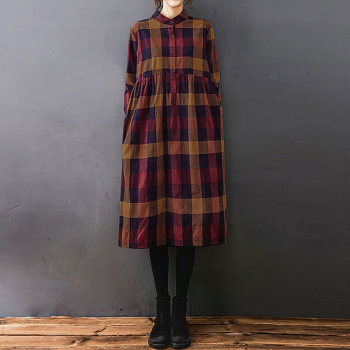 Buddha Stones Commute Patchwork Color Plaid Long Sleeve Midi Dress - Red Goldenrod Plaid - US8-10，UK/AU12-14，EU40-42 (2XL) - image 15
