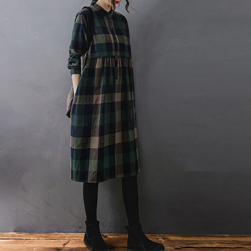 Buddha Stones Commute Patchwork Color Plaid Long Sleeve Midi Dress - image 3