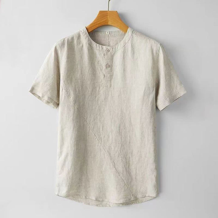 Buddha Stones Solid Color Short Sleeve Two Top Buttons Polyseter Linen Men's Shirt - Beige - US/UK/AU44，EU54 (4XL) - image 4