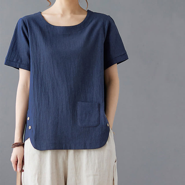 Buddha Stones Side Slit Design Women's Cotton Polyester Crew Neck Short Sleeve T-Shirt Wtih Pocket - image 20