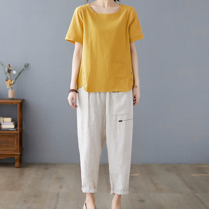 Buddha Stones Side Slit Design Women's Cotton Polyester Crew Neck Short Sleeve T-Shirt Wtih Pocket - image 6