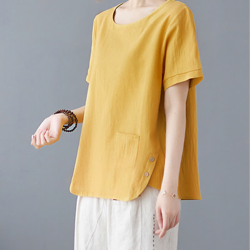 Buddha Stones Side Slit Design Women's Cotton Polyester Crew Neck Short Sleeve T-Shirt Wtih Pocket - image 2