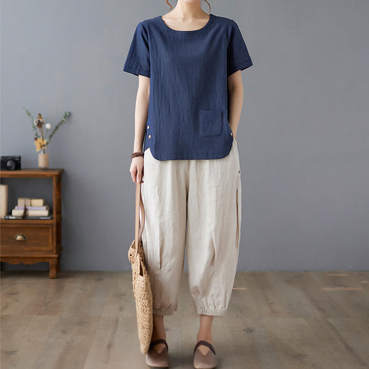Buddha Stones Side Slit Design Women's Cotton Polyester Crew Neck Short Sleeve T-Shirt Wtih Pocket - image 22