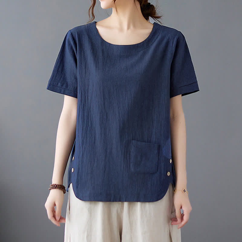 Buddha Stones Side Slit Design Women's Cotton Polyester Crew Neck Short Sleeve T-Shirt Wtih Pocket - image 21