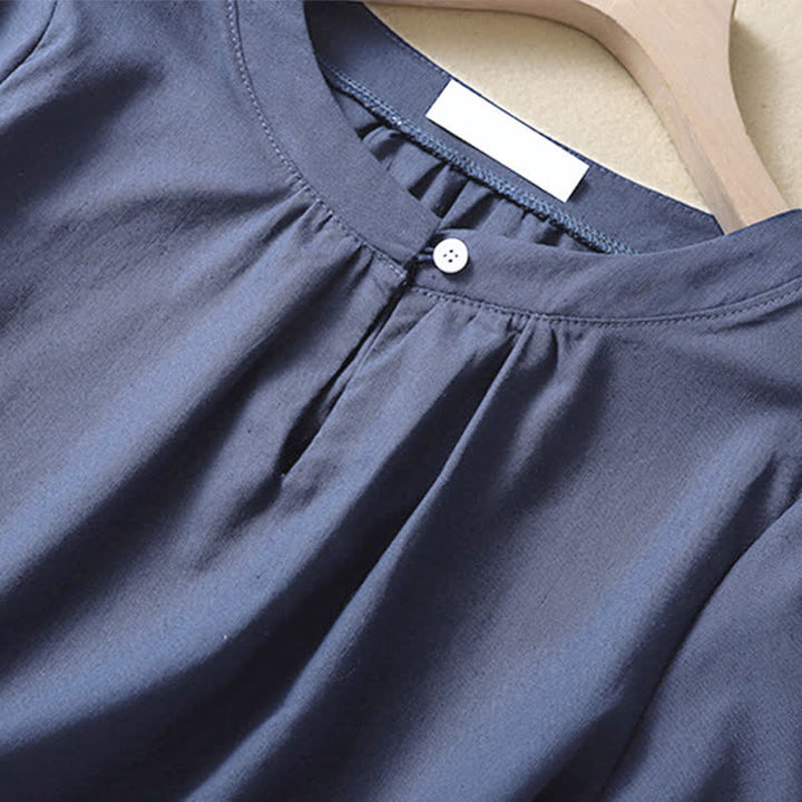 Buddha Stones Casual Women's Plain Crew Neck Button Design Half Sleeve Linen Shirt - image 9