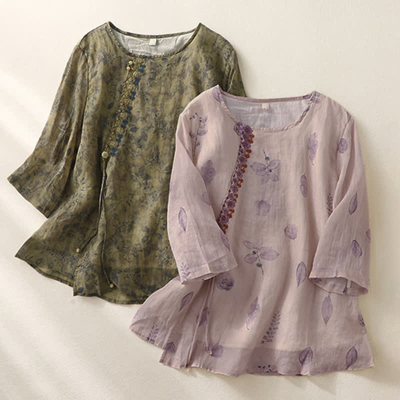 Buddha Stones Embroidery Design Leaves Women's Cotton Linen Three Quarter Sleeve Shirt - image 20