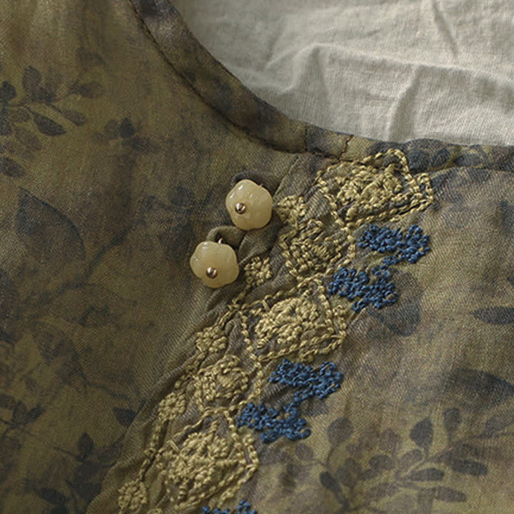 Buddha Stones Embroidery Design Leaves Women's Cotton Linen Three Quarter Sleeve Shirt - image 16