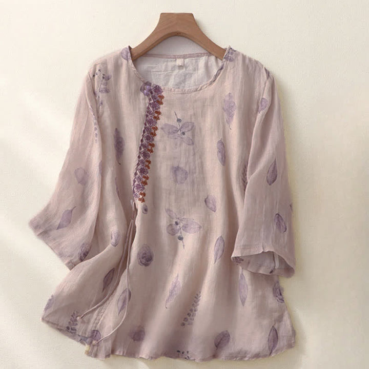 Buddha Stones Embroidery Design Leaves Women's Cotton Linen Three Quarter Sleeve Shirt - Thistle - US12，UK/AU16，EU44 (2XL) - image 0