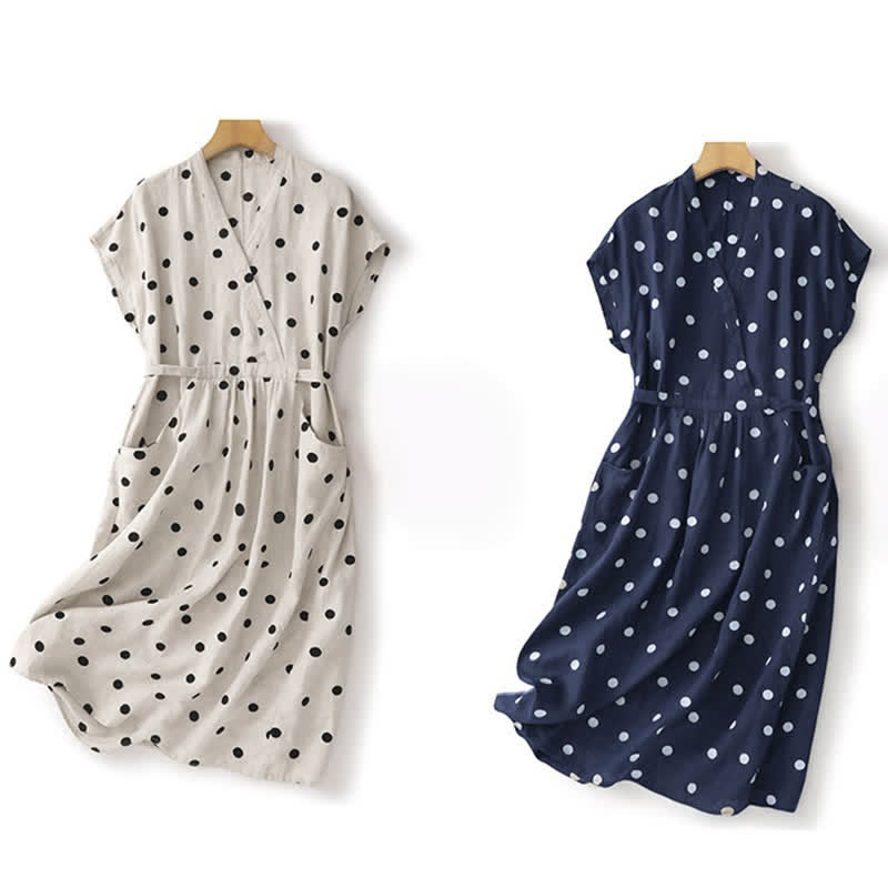Buddha Stones Polka Dot V-Neck Lace-up Women's Midi Dress With Pockets - image 19