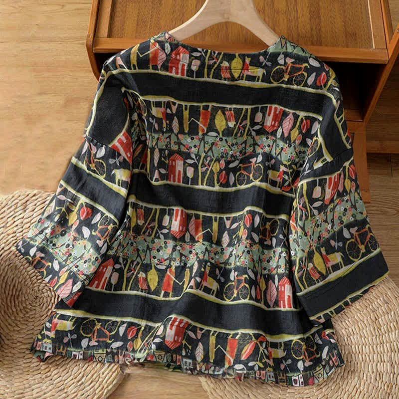 Buddha Stones Plant Printed V-neck Button Design Women's Polyester Three Quarter Sleeve Shirt - image 10