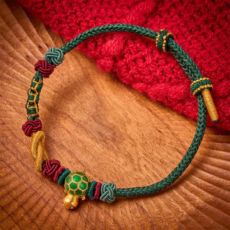 Buddha Stones Hand-Woven Copper Turtle Red String Protection Bracelet - Green String - image 0