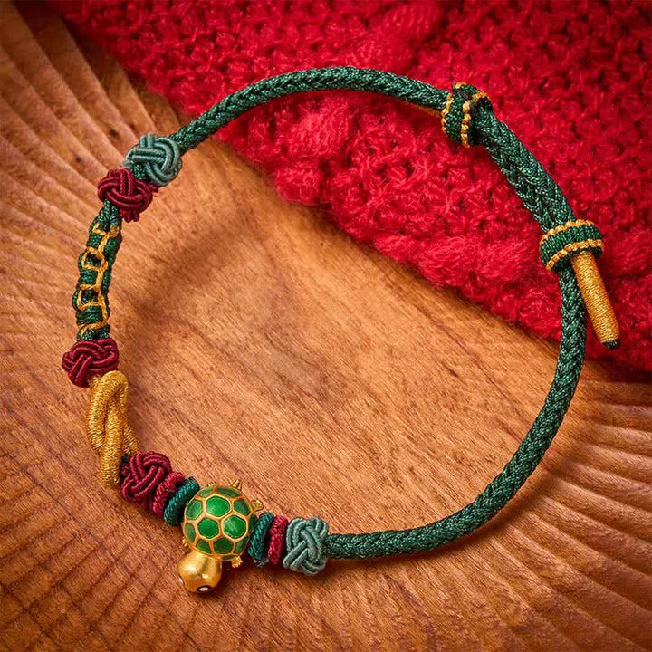 Buddha Stones Hand-Woven Copper Turtle Red String Protection Bracelet - Green String - image 9