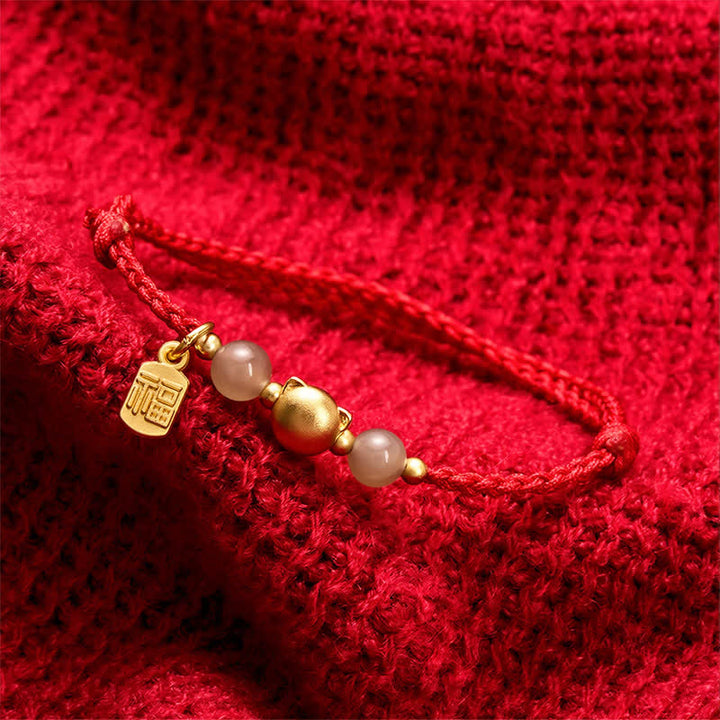 Buddha Stones Hetian Jade Fu Character Copper Cat Red String Bracelet - image 3