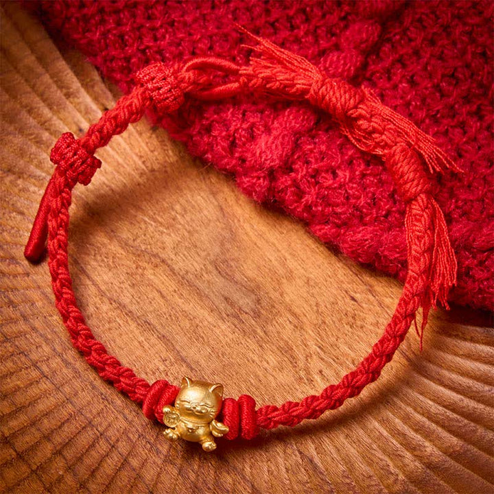 Buddha Stones Copper Lucky Cat Charm Red String Wealth Bracelet - Red - image 4