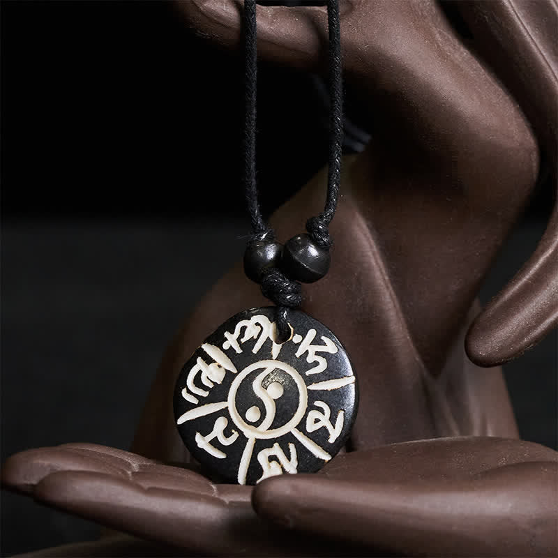 Buddha Stones Hand Carved Bone Bead Om Mani Padme Hum Yin Yang Protection Necklace - image 1