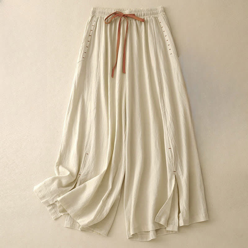 Buddha Stones Casual Simple Design Drawstring Split Women's Wide Leg Pants With Pockets - Beige - US8-10，UK/AU12-14，EU40-42 (2XL) - image 5