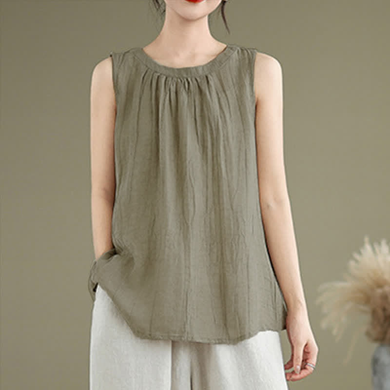 Buddha Stones Summer Wrinkles Simple Design Crew Neck Women's Sleeveless Vest Waistcoat - image 1