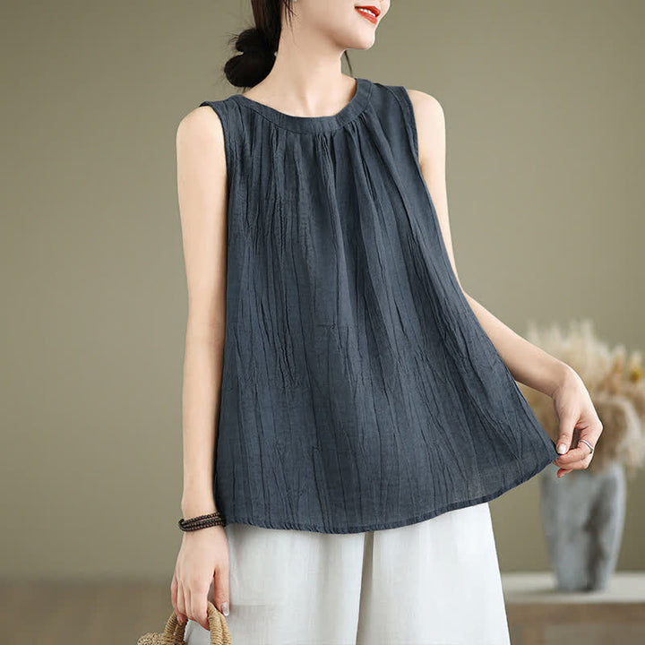 Buddha Stones Summer Wrinkles Simple Design Crew Neck Women's Sleeveless Vest Waistcoat - SteelBlue - US8-10，UK/AU12-14，EU40-42 (2XL) - image 15