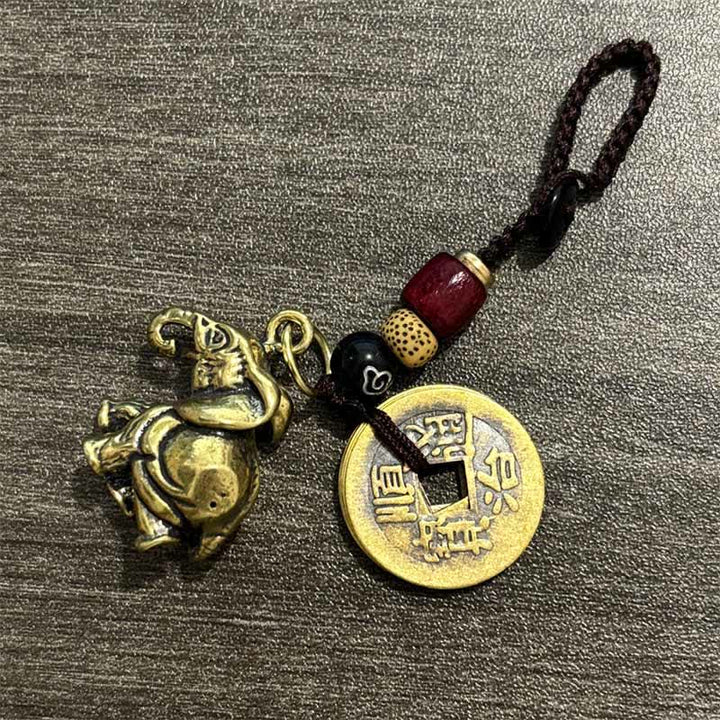 Buddha Stones Vintage Brass Elephant Five Emperor Coins Luck Keychains - Elephant With Auspicious Cloud Cord And Five Emperor Coins - image 4