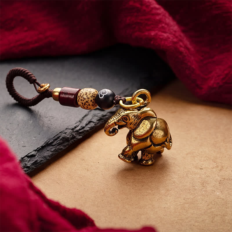Buddha Stones Vintage Brass Elephant Five Emperor Coins Luck Keychains - image 1