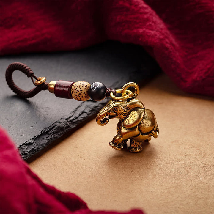 Buddha Stones Vintage Brass Elephant Five Emperor Coins Luck Keychains - image 1