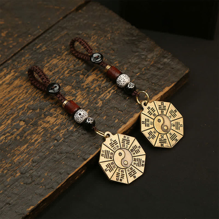 Buddha Stones Vintage Brass Bagua Pi Xiu Five Emperor Coins Pendant Protection Yin Yang Keychains - image 0
