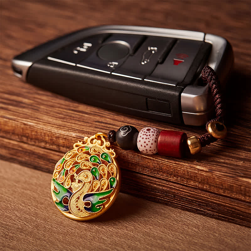 Buddha Stones Vintage Peacock Fu Character Copper Charm Keychains - image 4
