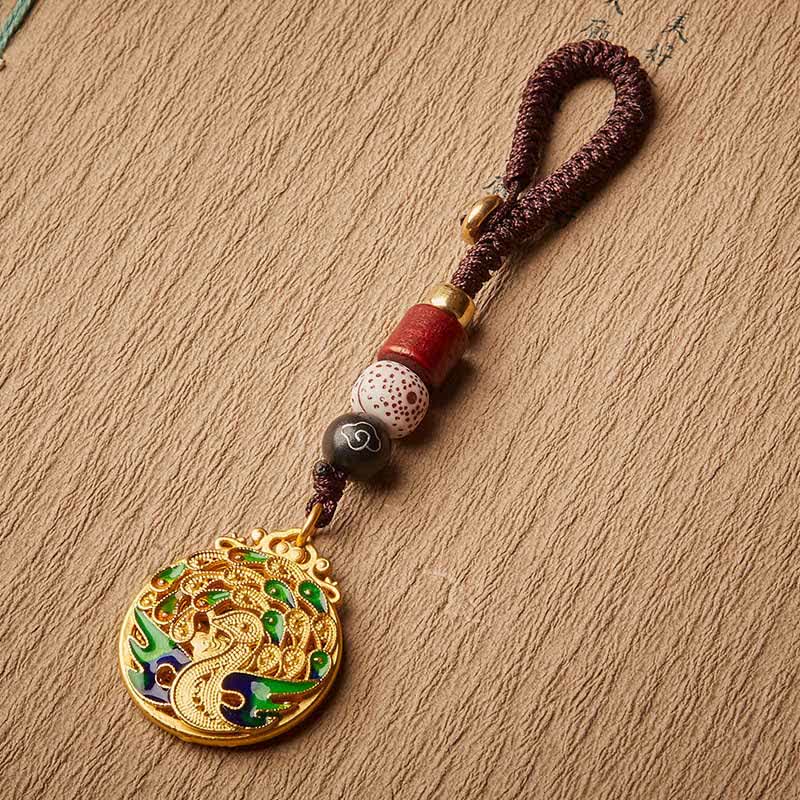 Buddha Stones Vintage Peacock Fu Character Copper Charm Keychains - image 2