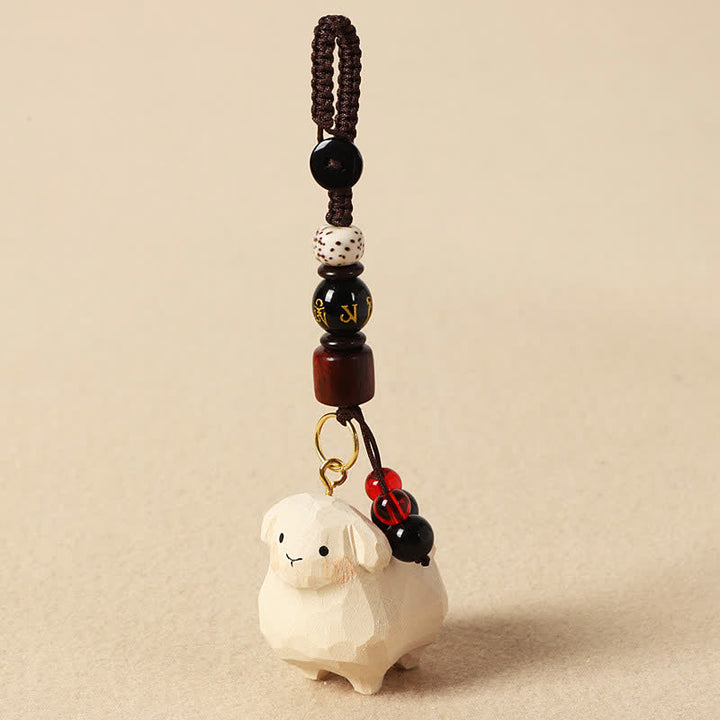 Buddha Stones Linden Wood Lamb Om Mani Padme Hum Plum Bossom Hand-carved Keychains - Goat-Om Mani Padme Hum - image 5