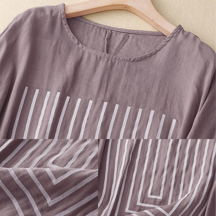 Buddha Stones Casual Line Printing Pattern Short Sleeve Cotton Linen Women's T-Shirt - image 18