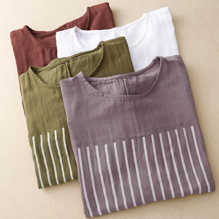 Buddha Stones Casual Line Printing Pattern Short Sleeve Cotton Linen Women's T-Shirt - image 21