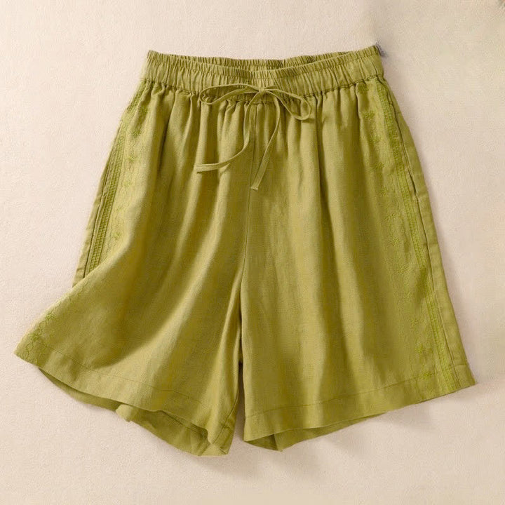 Buddha Stones Casual Floral Embroidery Pattern Drawstring Women's Shorts With Pockets - YellowGreen - US8-10，UK/AU12-14，EU40-42 (2XL) - image 15