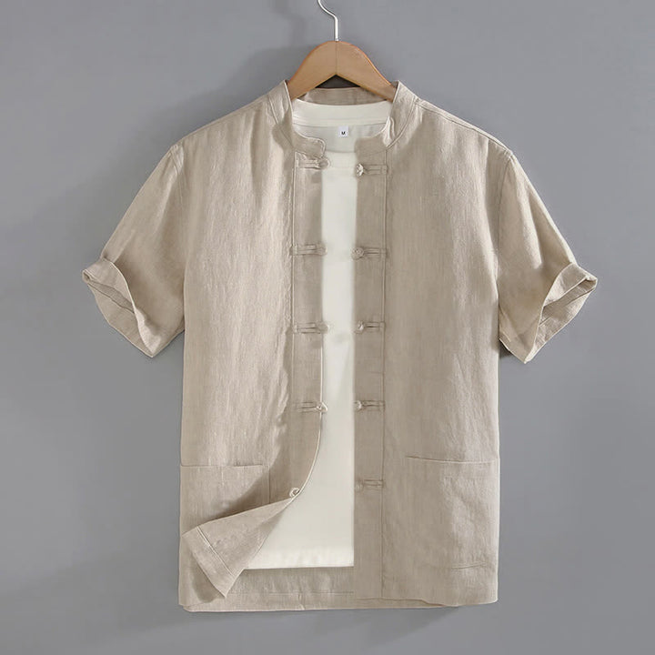 Buddha Stones Vintage Plain Tang Suit Chinese Frog-Button Men's Shirt With Pockets - Beige - US/UK/AU46，EU56 (5XL) - image 0