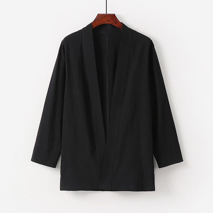 Buddha Stones Summer Minimalist Solid Cotton Linen Men's Kimono With Pocket - Black - US/UK/AU50，EU60 (7XL) - image 2