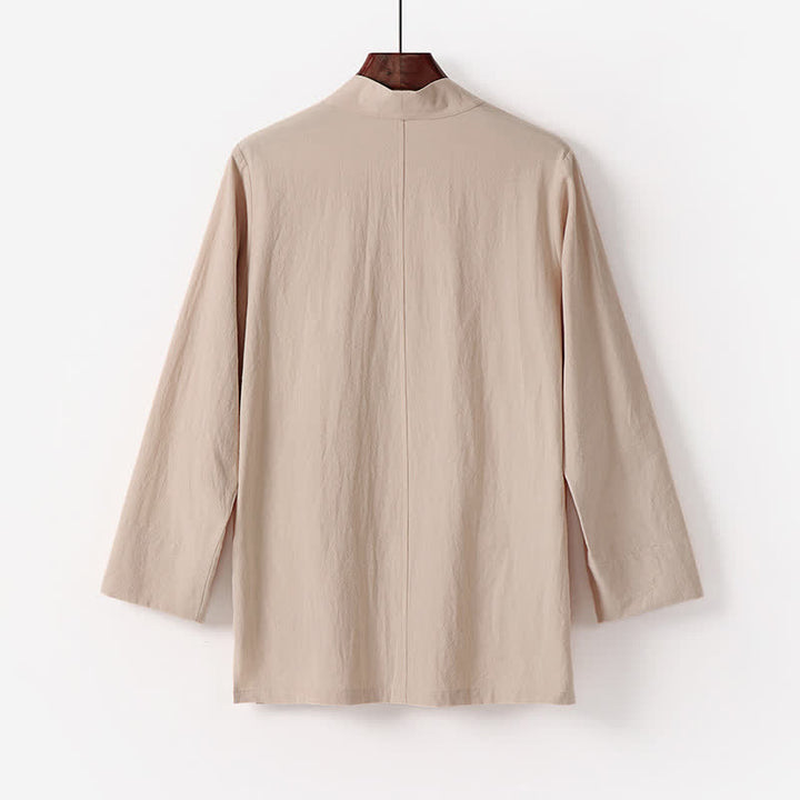 Buddha Stones Summer Minimalist Solid Cotton Linen Men's Kimono With Pocket - image 4
