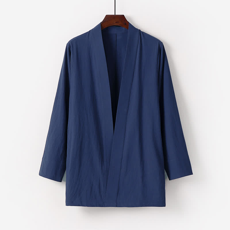 Buddha Stones Summer Minimalist Solid Cotton Linen Men's Kimono With Pocket - MidnightBlue - US/UK/AU50，EU60 (7XL) - image 0