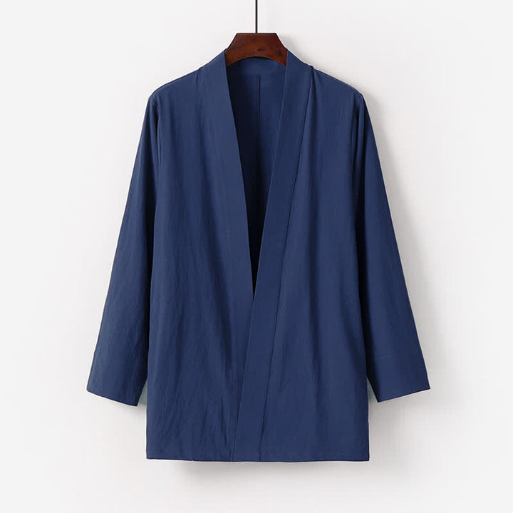 Buddha Stones Summer Minimalist Solid Cotton Linen Men's Kimono With Pocket - MidnightBlue - US/UK/AU50，EU60 (7XL) - image 0